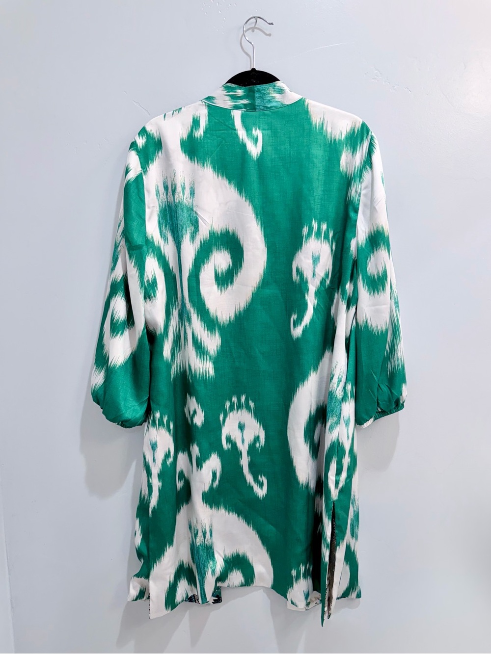 Chico's Reversible Duster Jacket Tropic Emerald Ikat Floral Satin Size 3 16 NWT - Picture 7 of 16
